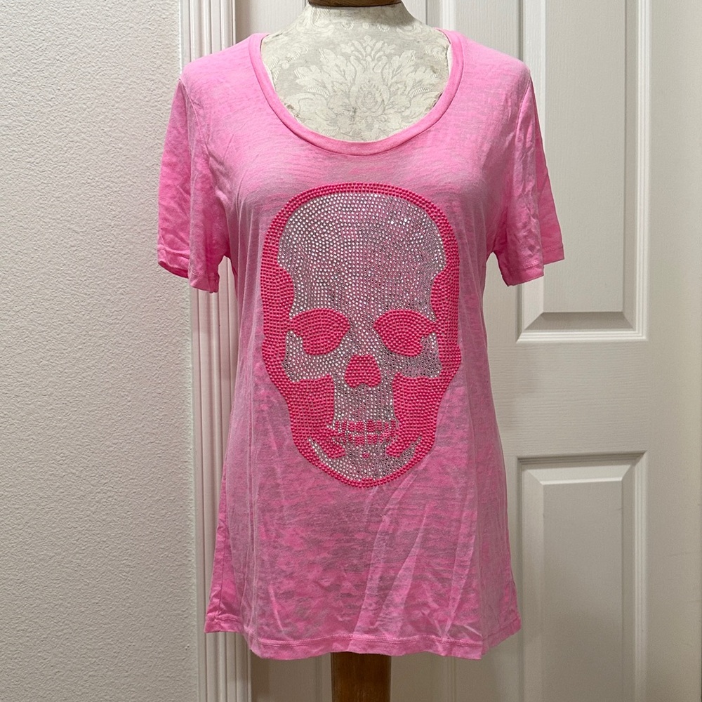 E.VIL Queen Of Evil Pink/Silver Rhinestone Studded Skull S/S Burnout Tee - M